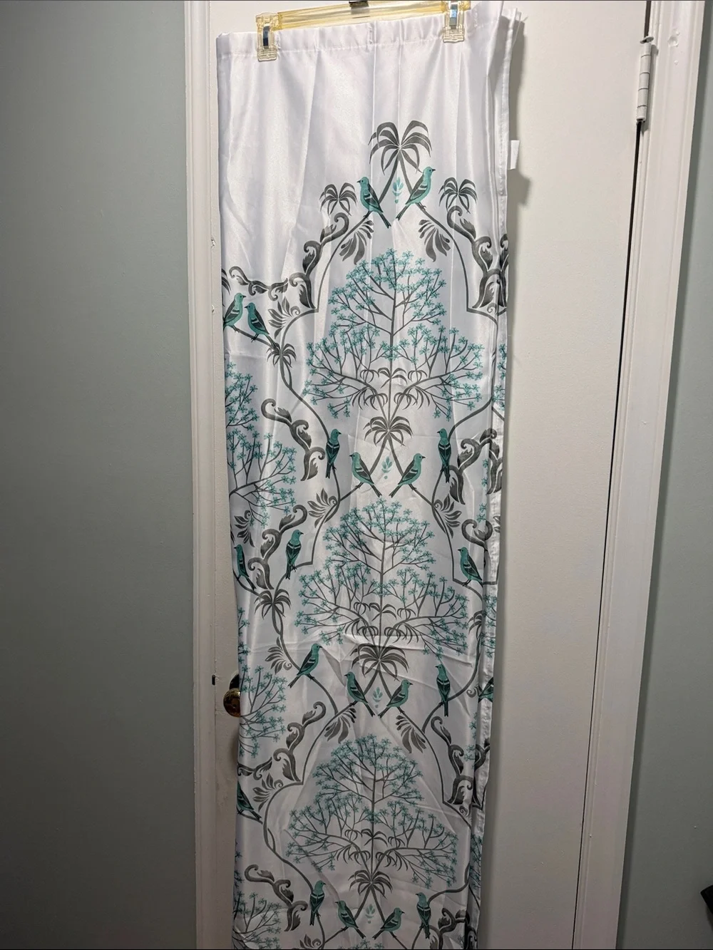 White Shower Curtain with Teal Bird & Gray Botanical Print